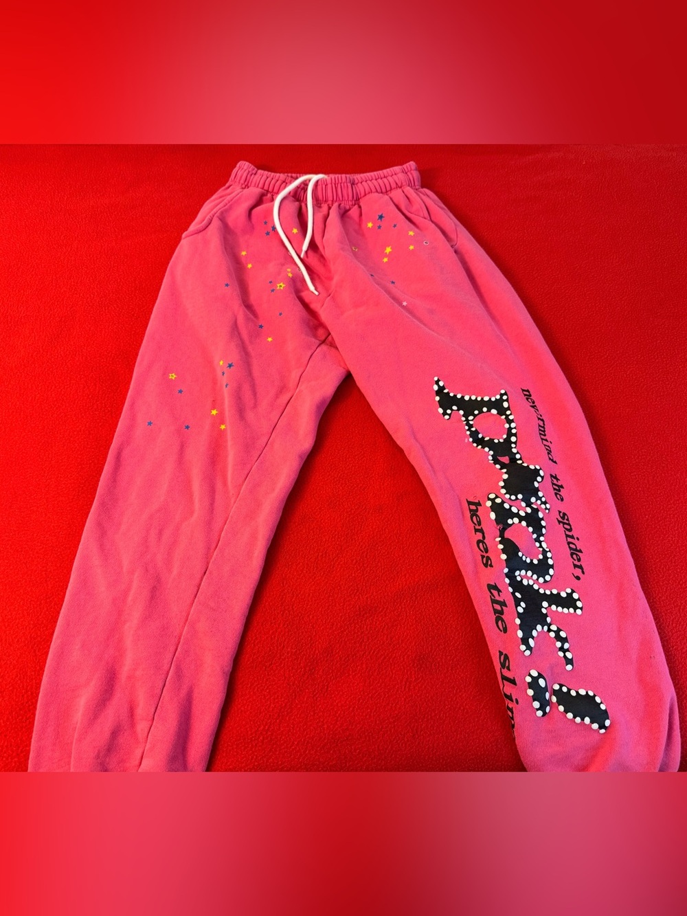 Sp5der P*NK Sweatpants Pink Unisex Size Small Spider Worldwide Streetwear -FLAWS